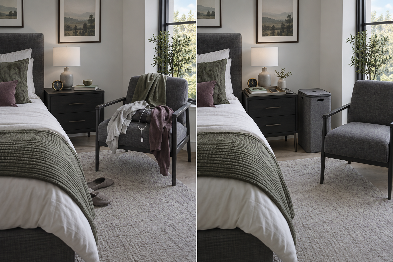 Bedroom Storage - Ravnora Decor Same bedroom showing chair and bedside clutter before and after creating easy daily landing zones.
