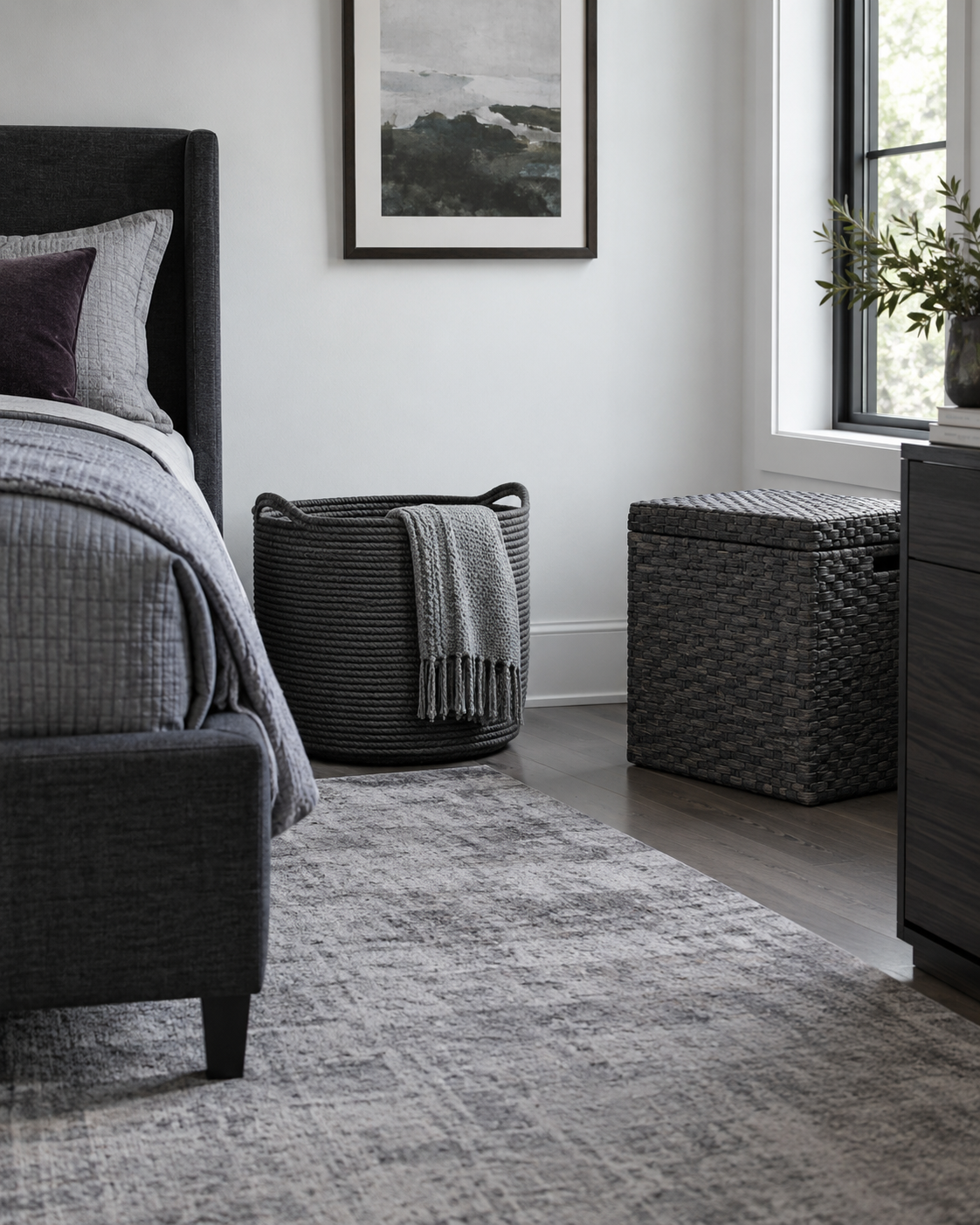 Bedroom Storage - Ravnora Decor Bedroom corner comparing an open blanket basket with quieter closed visible storage.