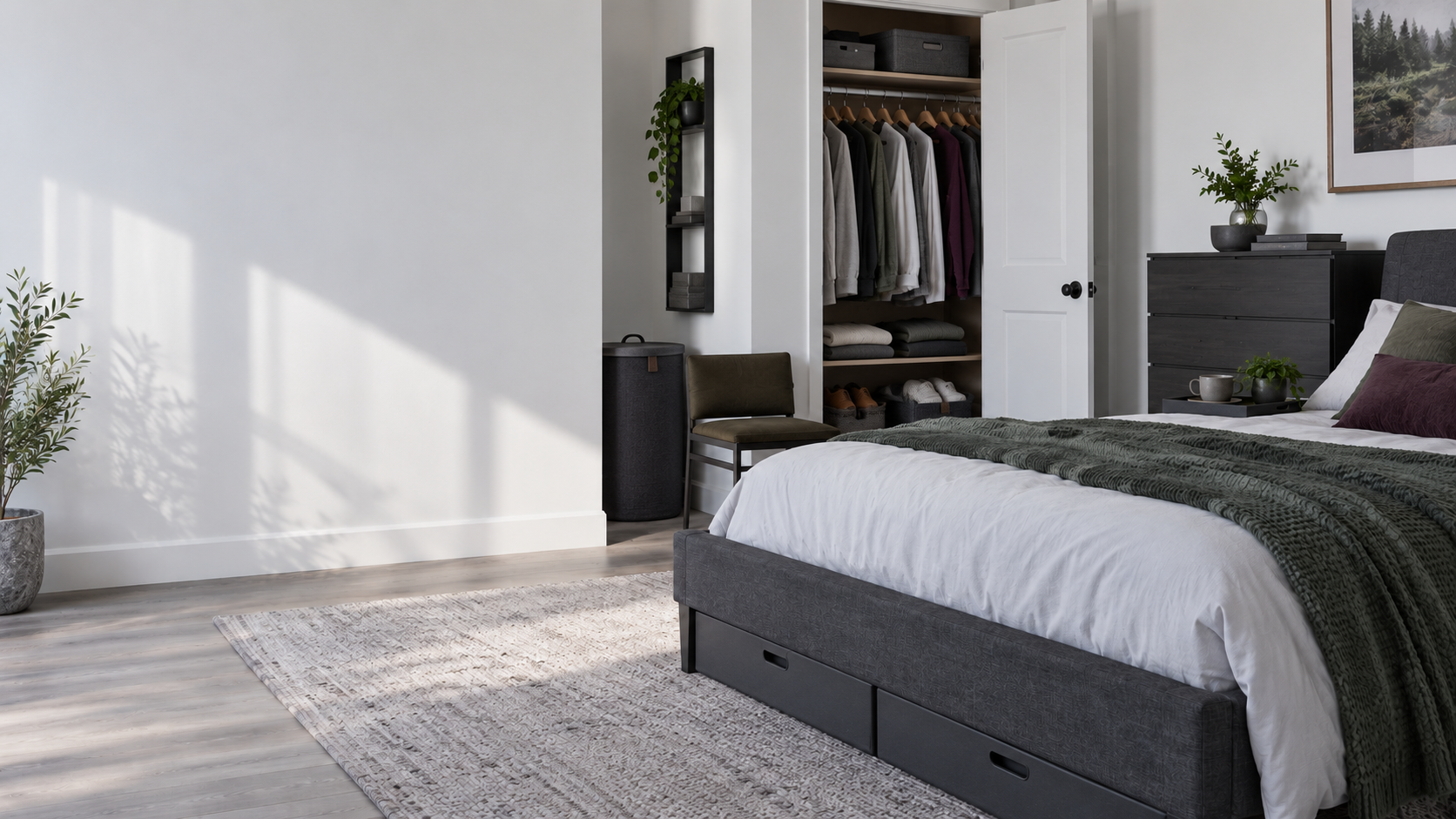 Bedroom Storage - Ravnora Decor Calm resolved contemporary bedroom using closet, under-bed, bedside, vertical and laundry storage without crowding the room.