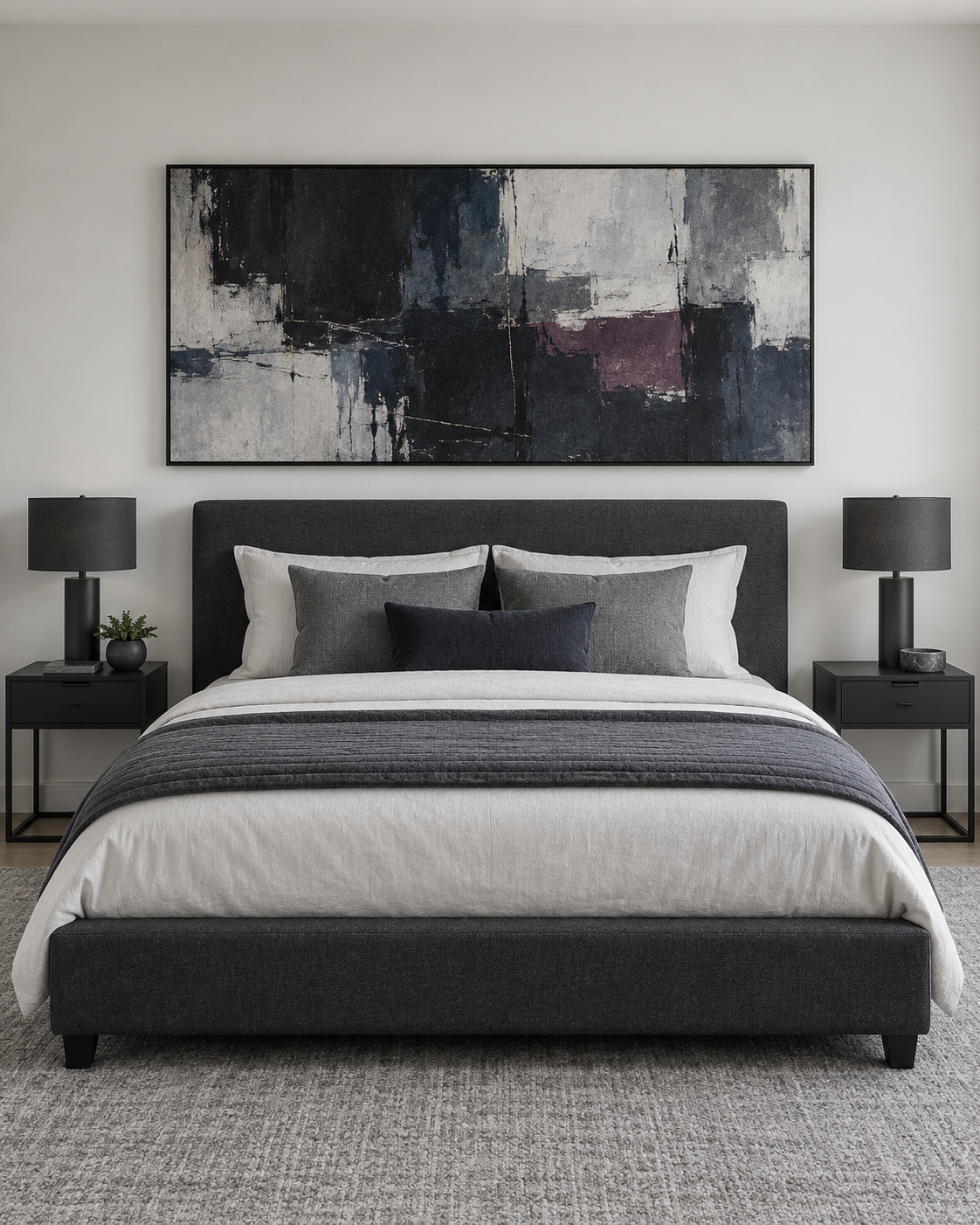 Bedroom using one large abstract statement artwork as the focal composition above the bed.