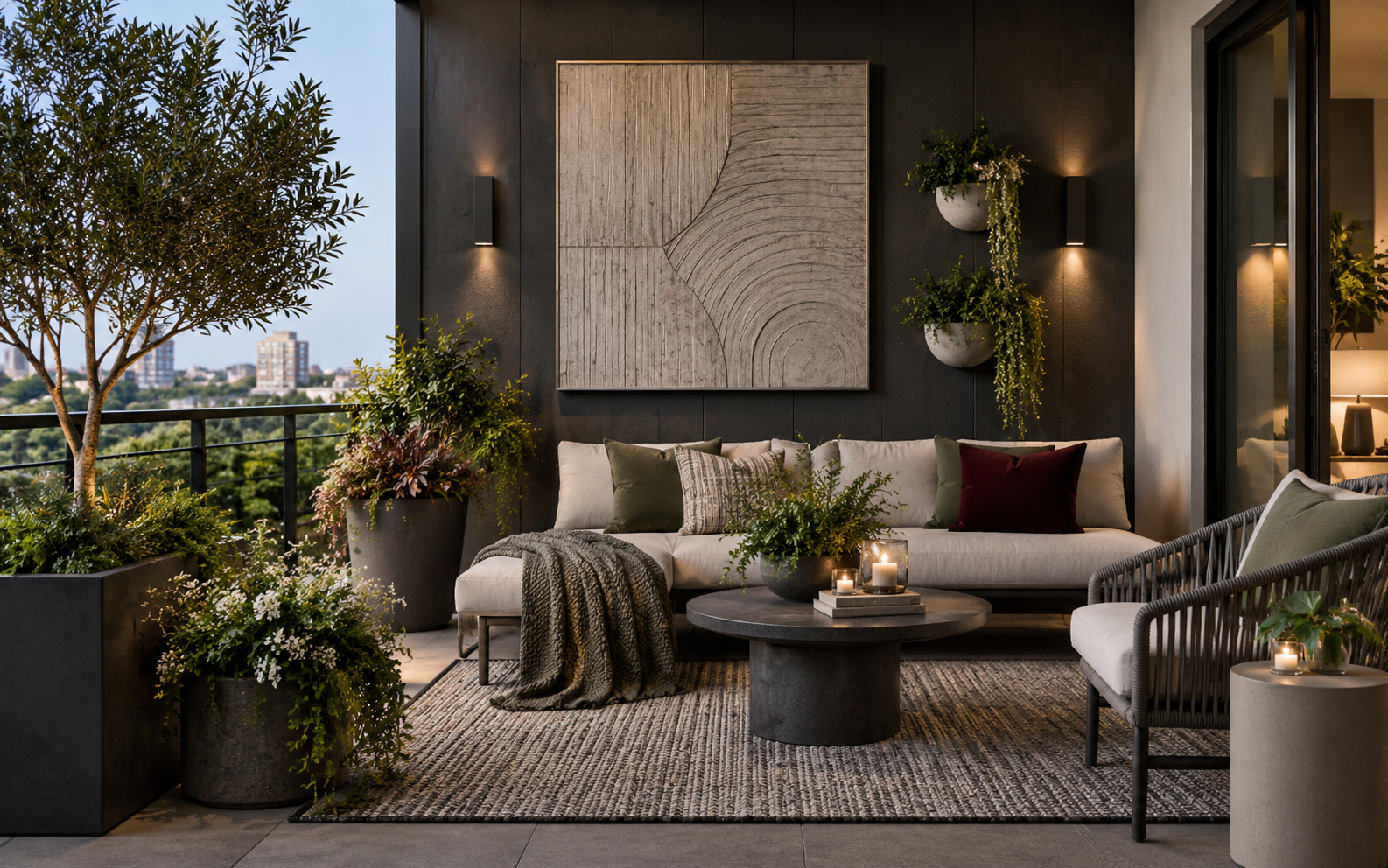 Balcony and Patio Decor Ideas - Ravnora Decor Contemporary balcony and patio with outdoor lounge seating, sculptural wall decor, greenery and layered evening lighting