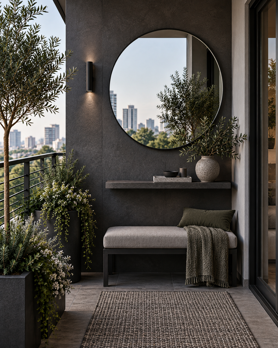 Balcony and Patio Decor Ideas - Ravnora Decor Compact modern balcony with outdoor mirror, built-in seating and controlled greenery
