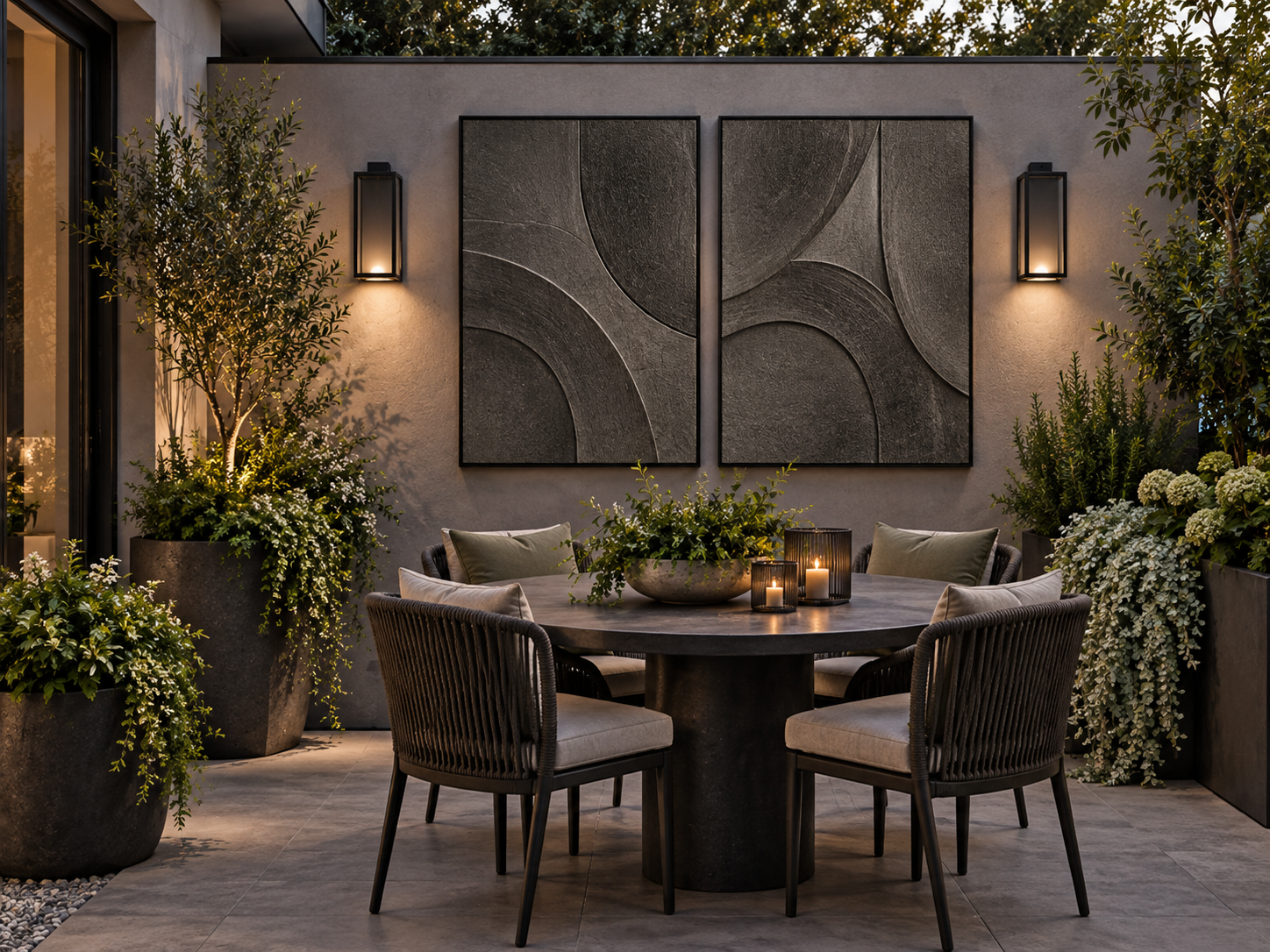 Balcony and Patio Decor Ideas - Ravnora Decor Modern outdoor dining area with wall art, greenery and layered lighting