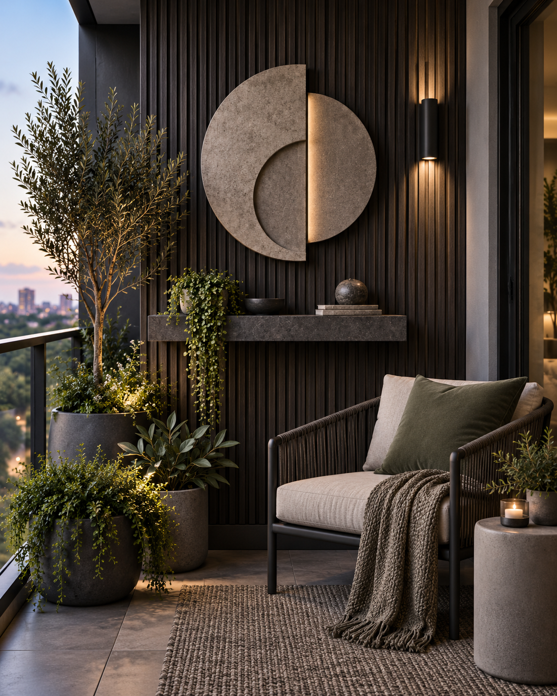 Balcony and Patio Decor Ideas - Ravnora Decor Contemporary balcony with vertical slatted wall, greenery and outdoor seating