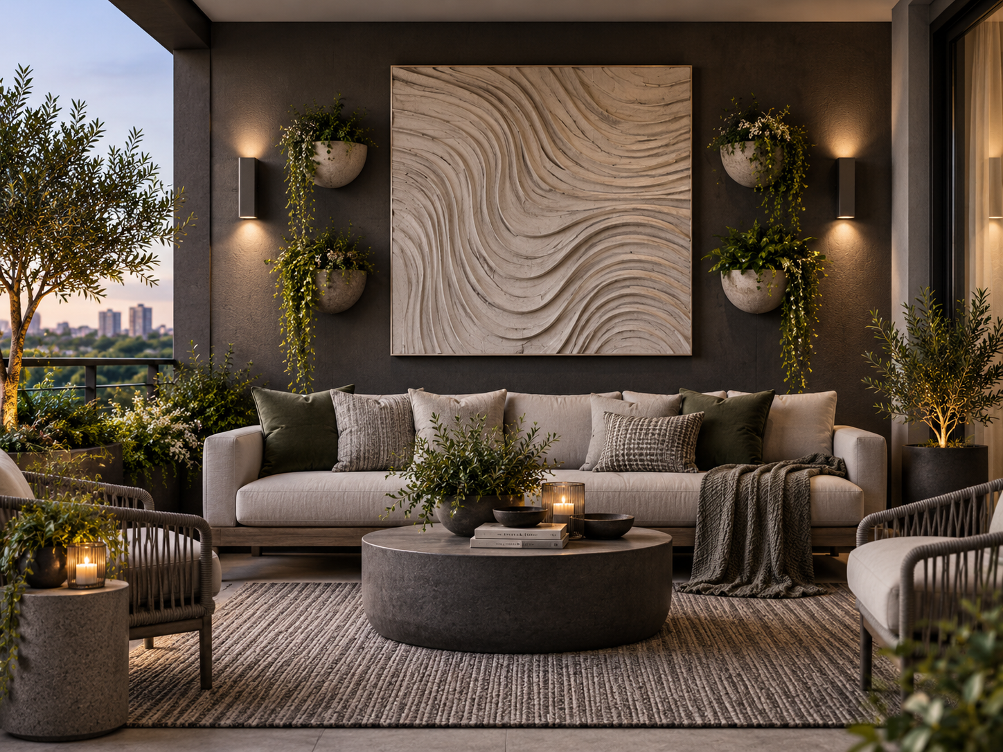 Balcony and Patio Decor Ideas - Ravnora Decor Outdoor lounge with large statement wall art, restrained greenery and modern seating