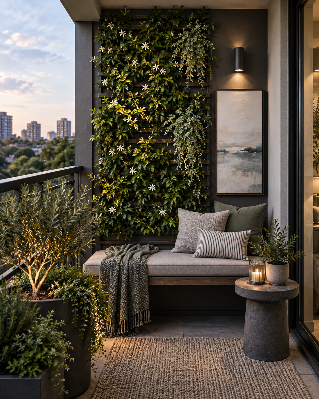 Balcony and Patio Decor Ideas - Ravnora Decor Compact balcony with vertical greenery, seating and layered wall lighting