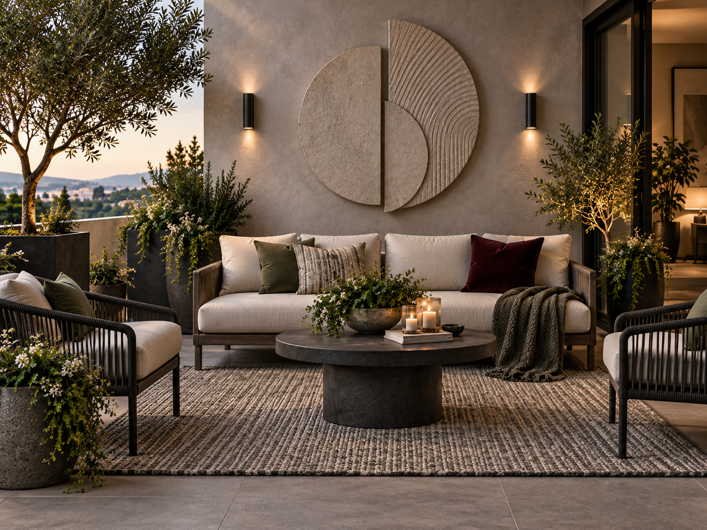 Balcony and Patio Decor Ideas - Ravnora Decor Resolved contemporary patio lounge with outdoor seating, rug, sculptural wall treatment and greenery