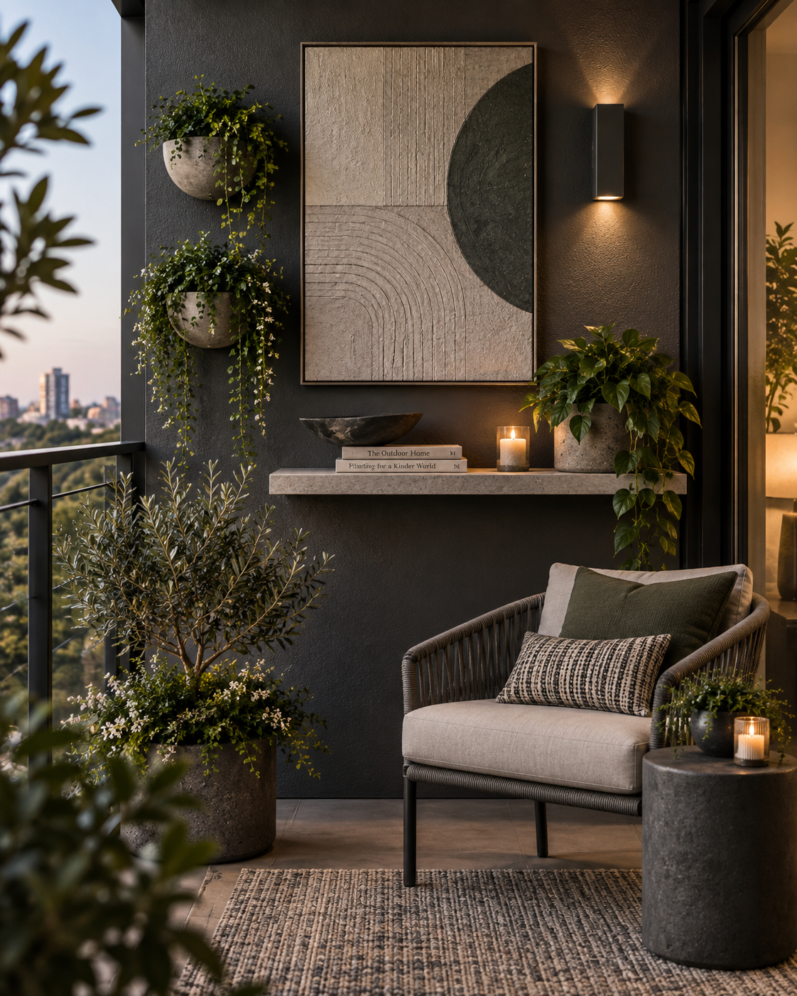 Balcony and Patio Decor Ideas - Ravnora Decor Compact outdoor balcony with shallow shelf, seating and controlled wall styling
