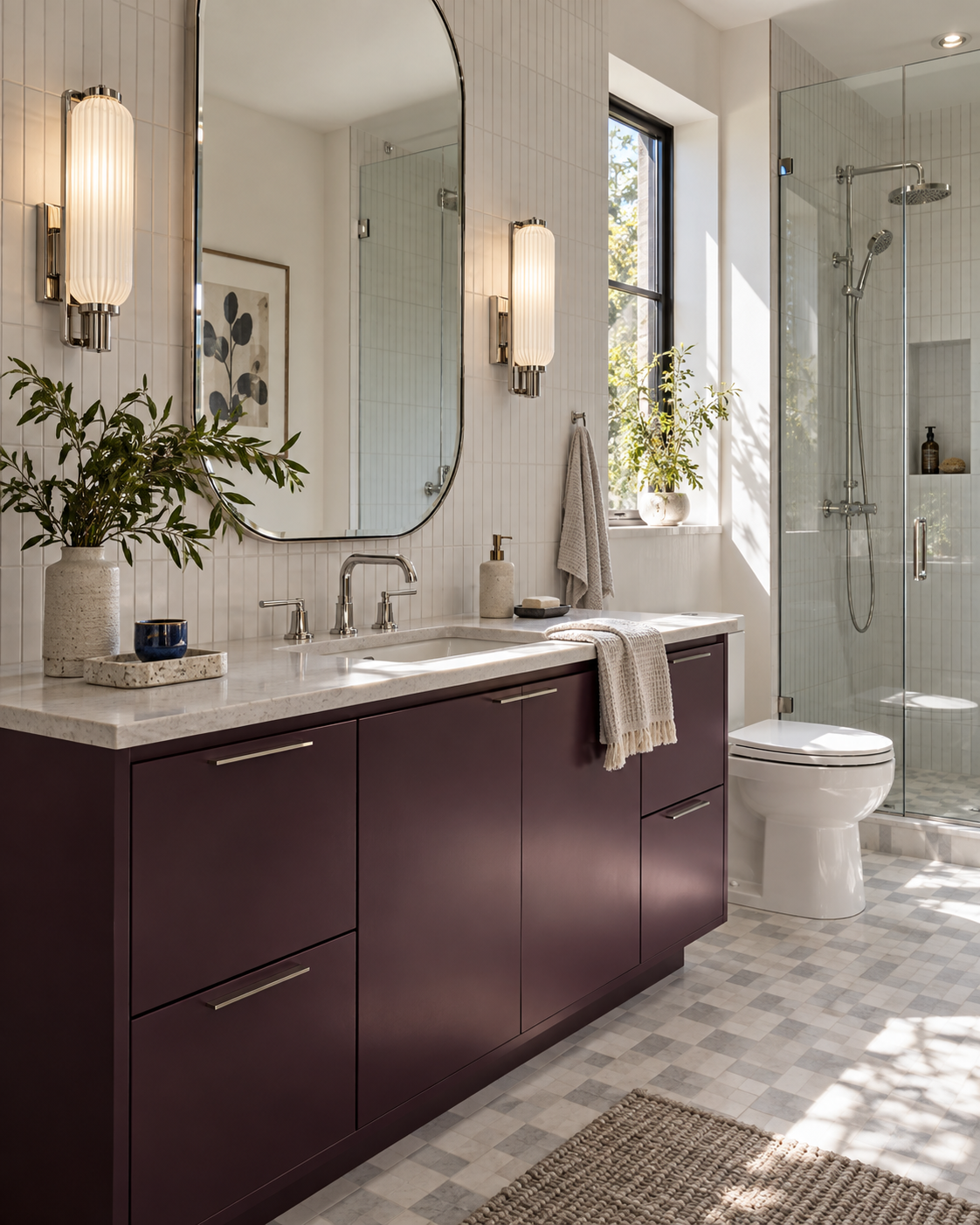 Contemporary bathroom with plum vanity and mineral tile
