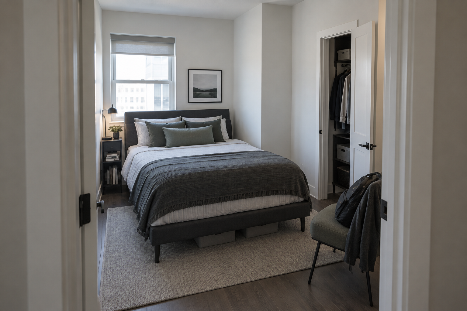 Small bedroom showing common pressure zones around the bed, closet, bedside, wall and everyday clutter.