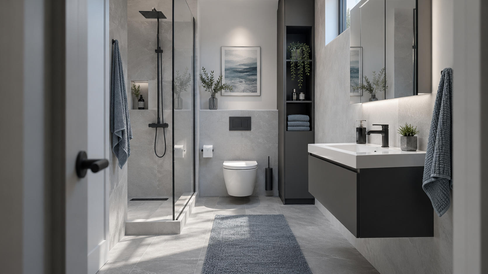 Elegant modern small bathroom using shallow fixtures and vertical storage to preserve an open walking path