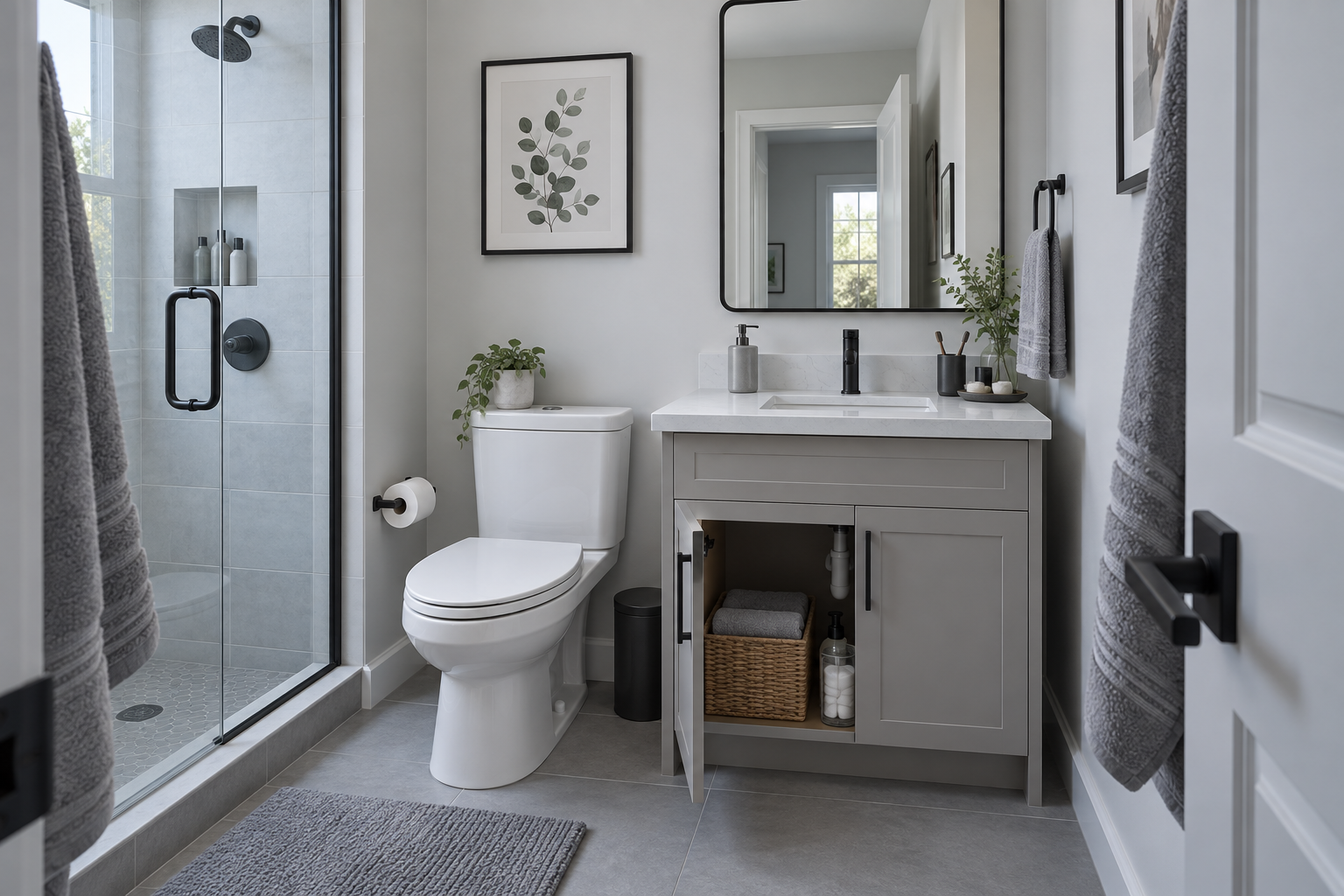 Compact bathroom showing unused wall, gap, door and cabinet zones that can create everyday clutter pressure
