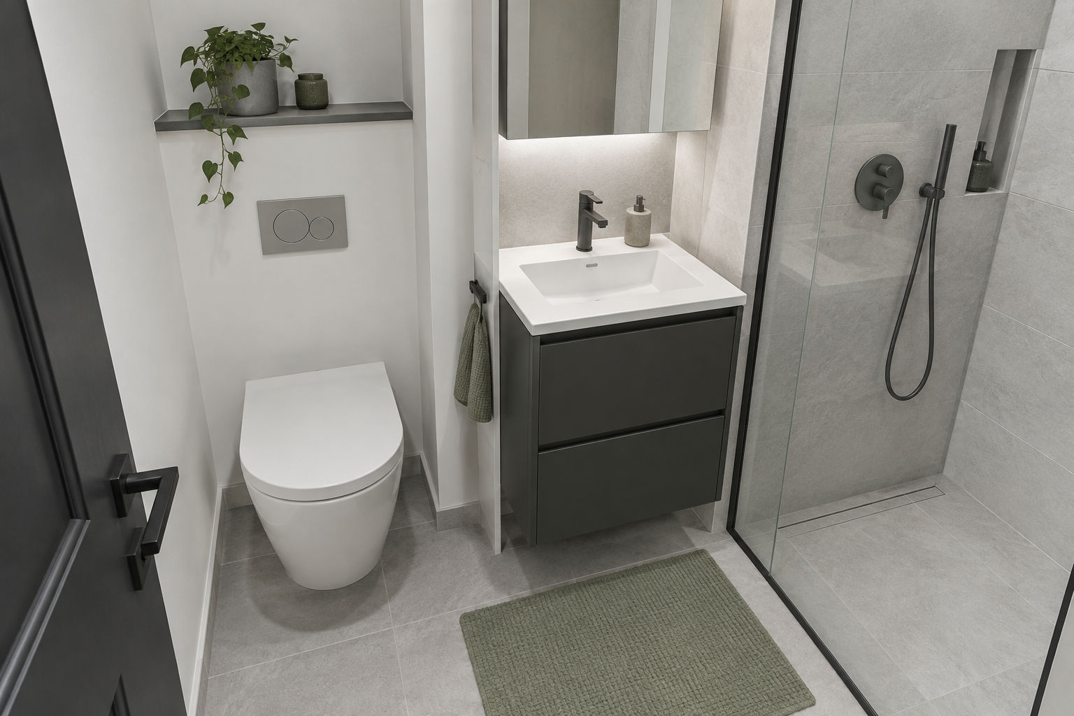 Modern compact bathroom with clearly visible wall, narrow-gap, under-sink, door and shower storage zones