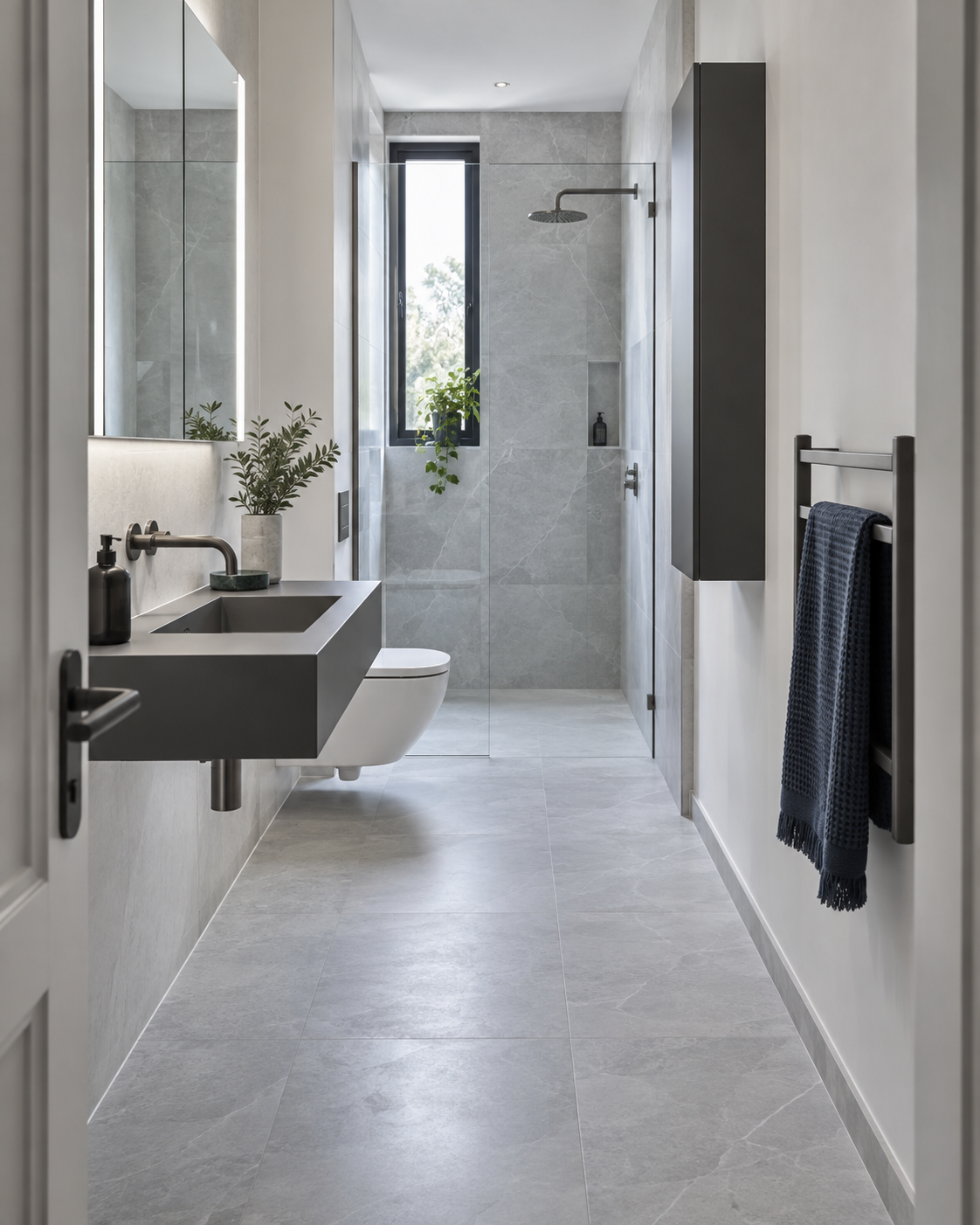 Narrow modern ensuite preserving circulation with shallow wall-mounted fixtures and vertical storage