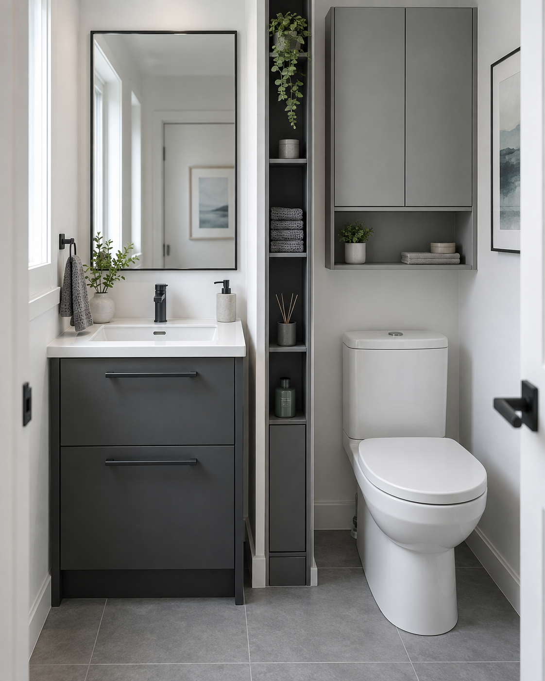 Small modern bathroom using one narrow vertical gap for storage while keeping the floor visually open