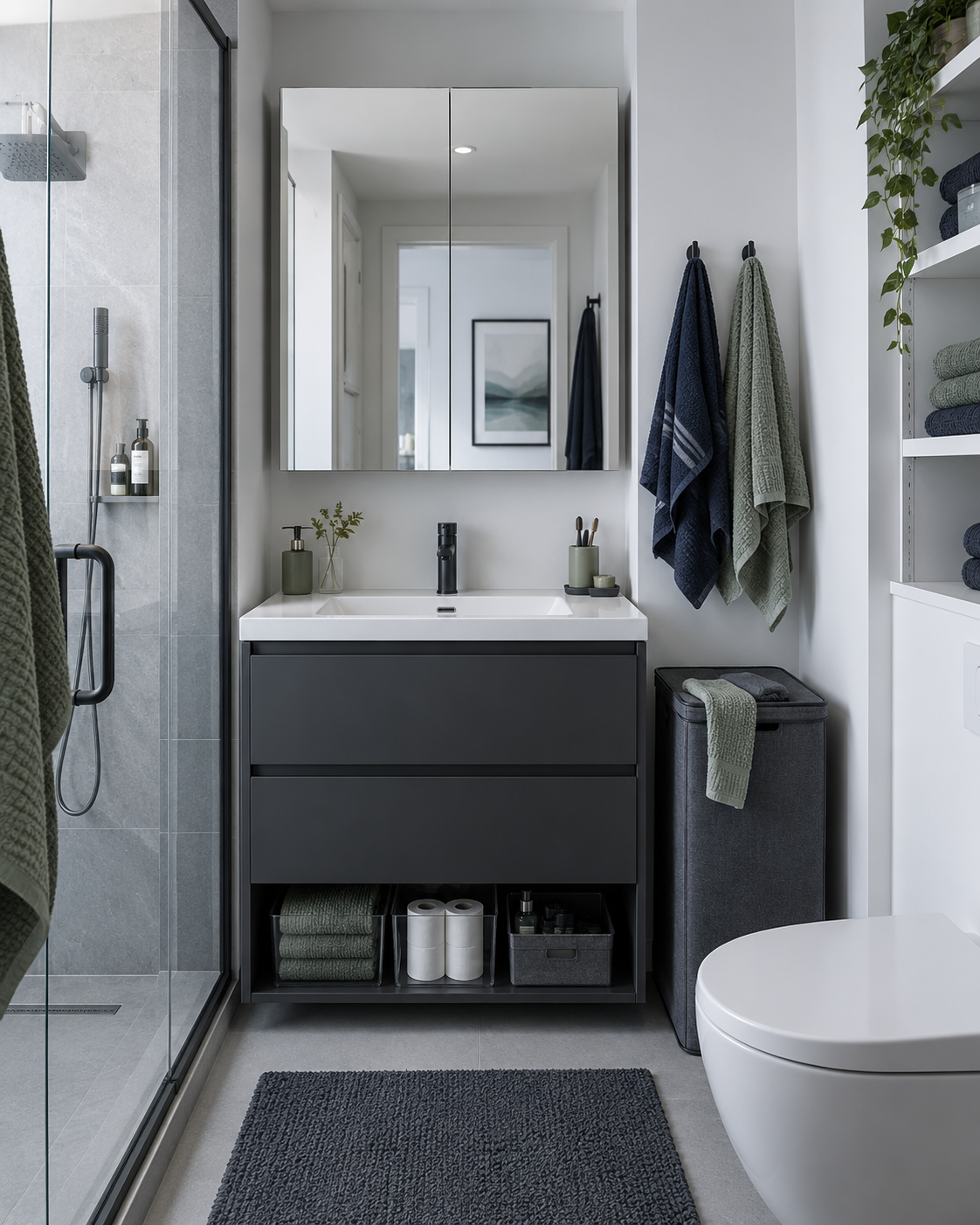 Calm shared small bathroom with concealed daily-use storage and defined towel and laundry zones