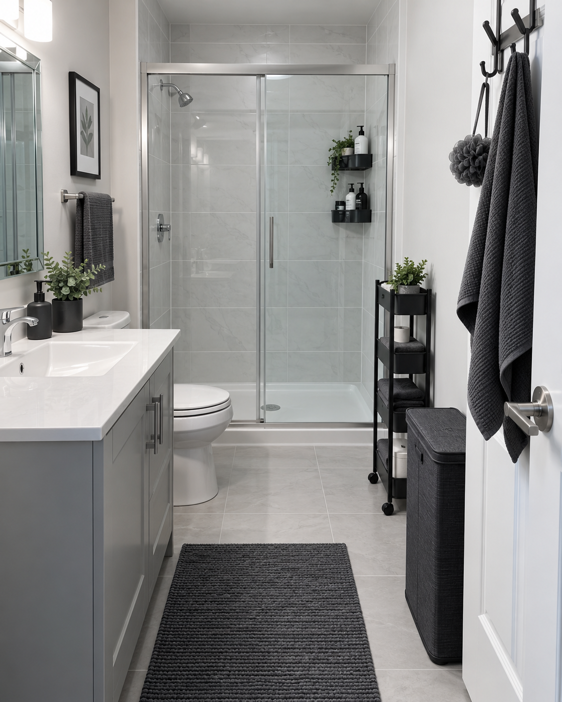 Stylish rental bathroom improved with removable door, shower and slim storage solutions