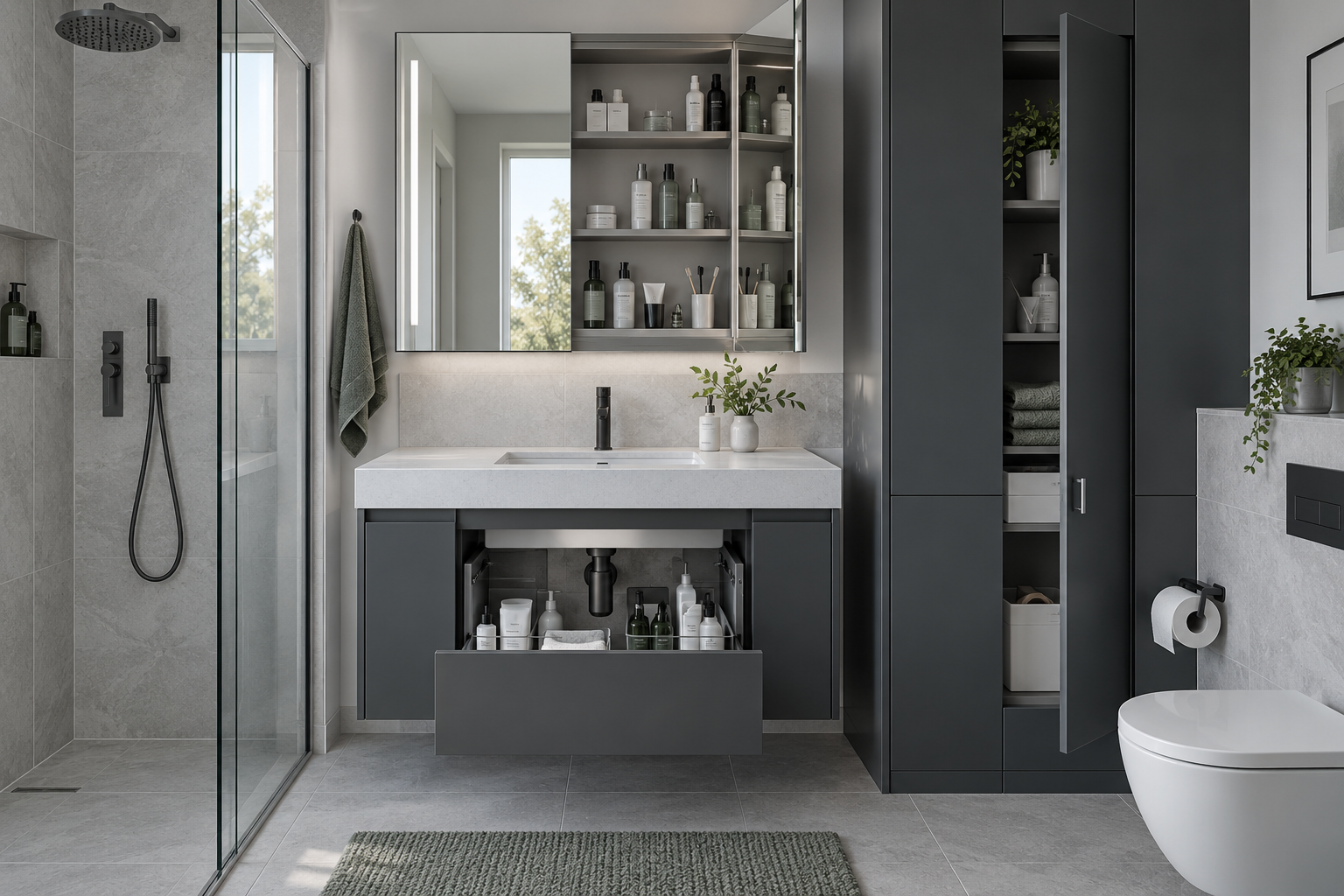 Modern small bathroom revealing concealed mirror, vanity and narrow cabinet storage while surfaces remain clear
