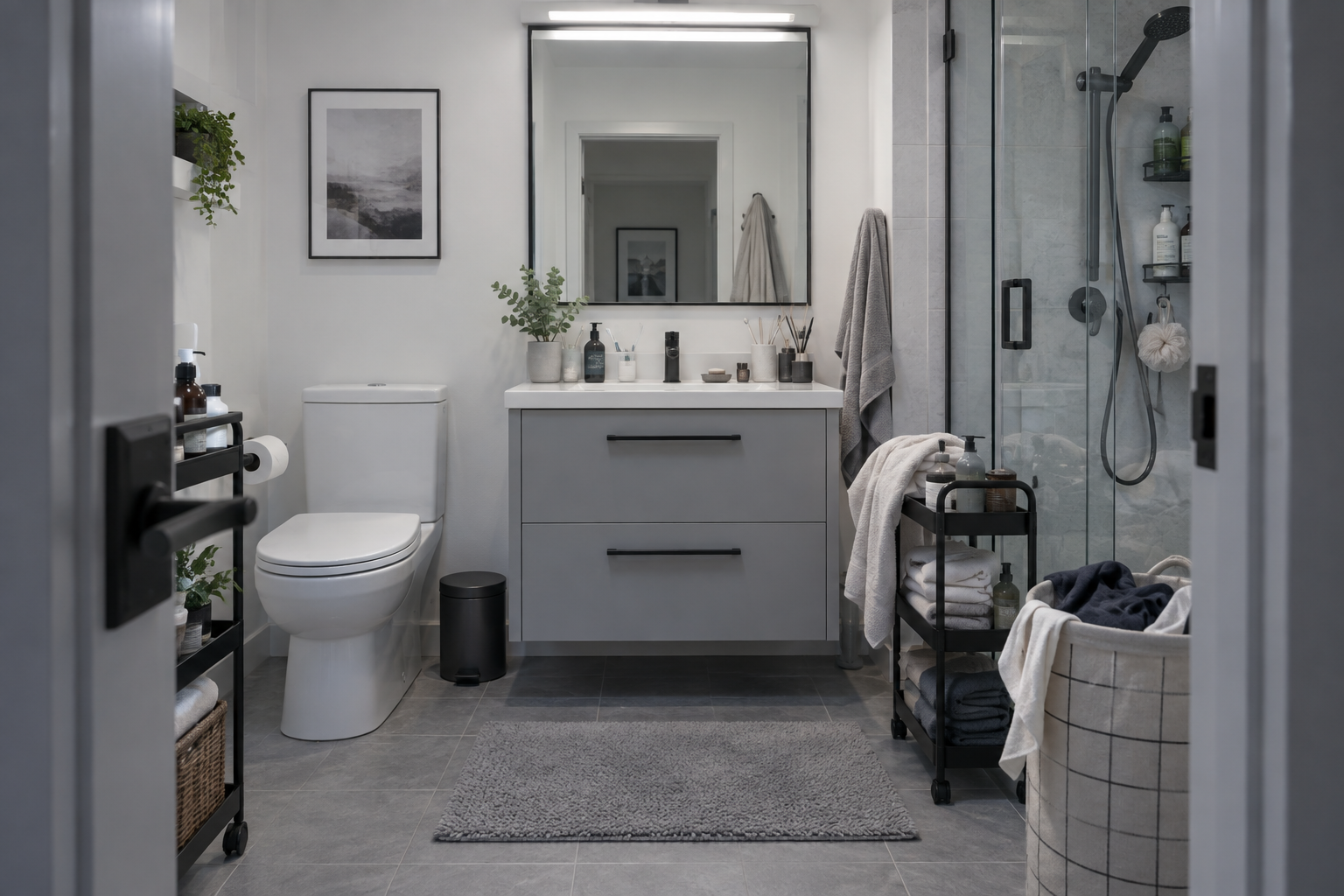 Modern small bathroom made visually tighter by multiple floor organizers and scattered daily-use items