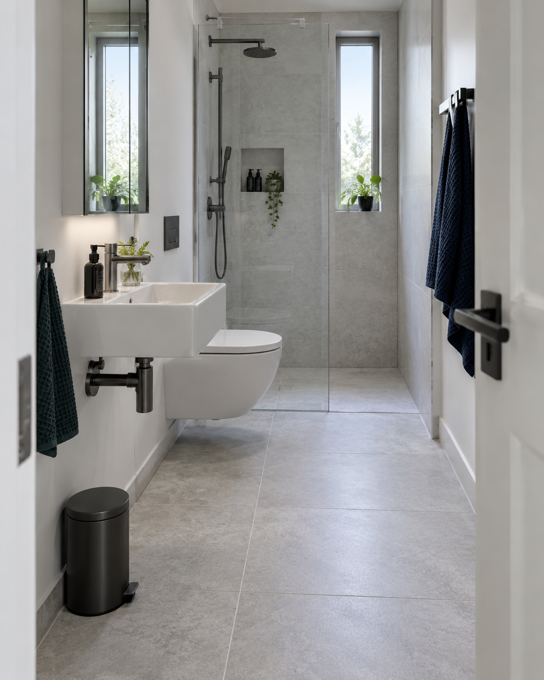 Complete small-bathroom plan using wall-mounted fixtures and storage to keep almost all floor area open
