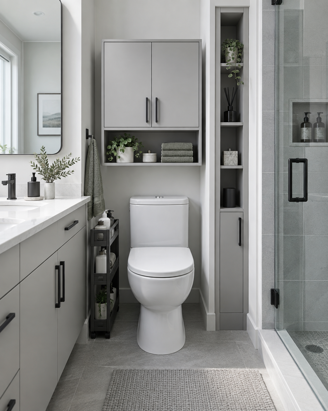 Complete small bathroom using above-toilet and narrow-gap storage without overcrowding the floor