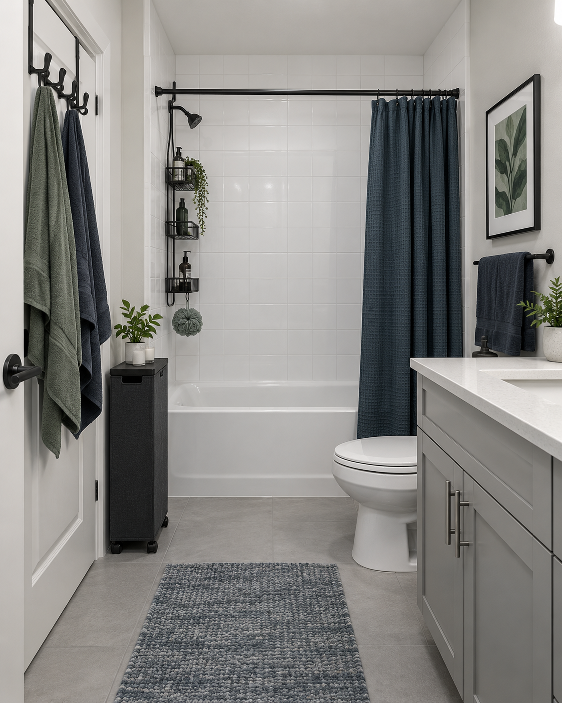 Complete renter-friendly small bathroom using removable shower, door and laundry storage