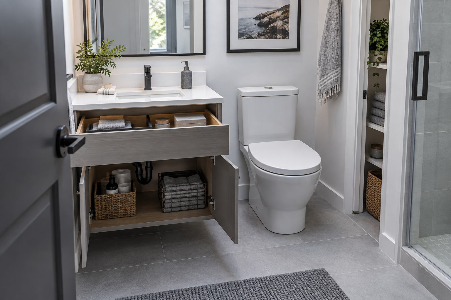Compact bathroom showing door, drawer, toilet and plumbing clearance areas to verify before choosing storage