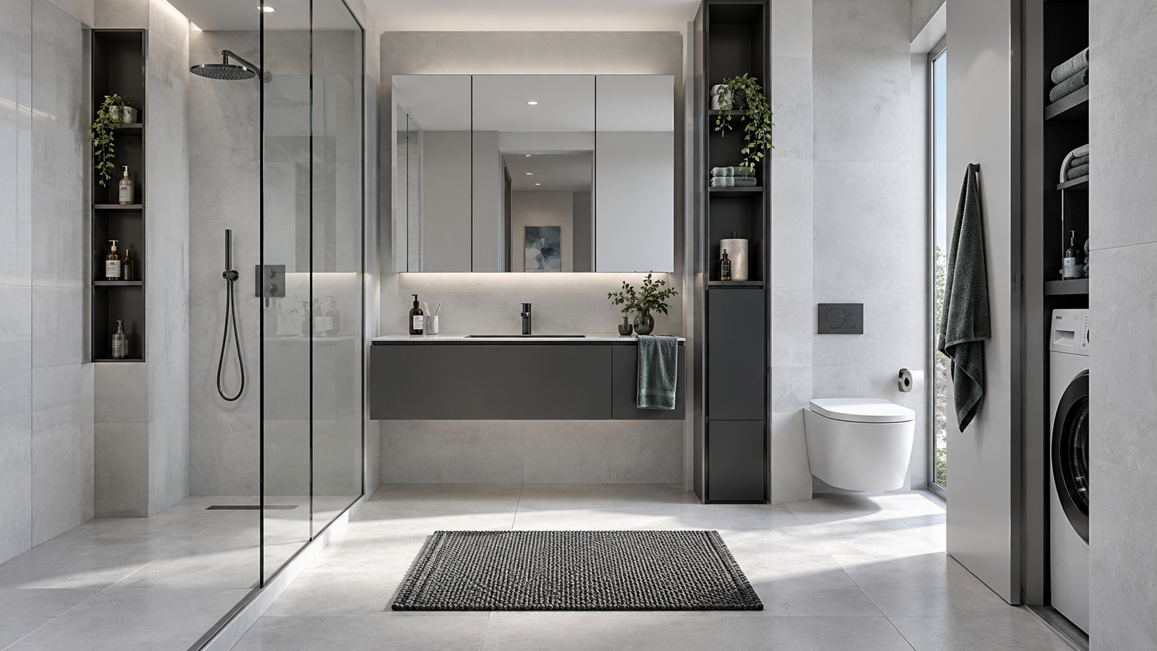 Fully resolved elegant small bathroom with concealed storage, an open floor path and visually quiet surfaces