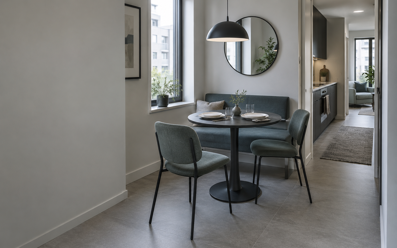 Compact contemporary dining room arranged to protect a narrow everyday walking path
