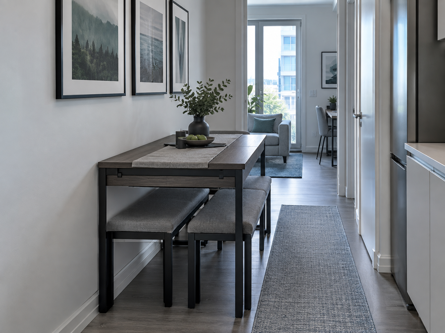 Narrow dining area with an expandable table and seating tucked beneath to preserve the walkway