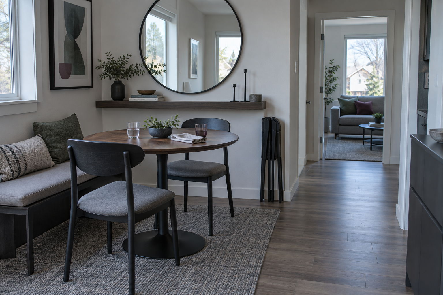 Resolved small dining room with clear circulation, compact seating and shallow wall storage