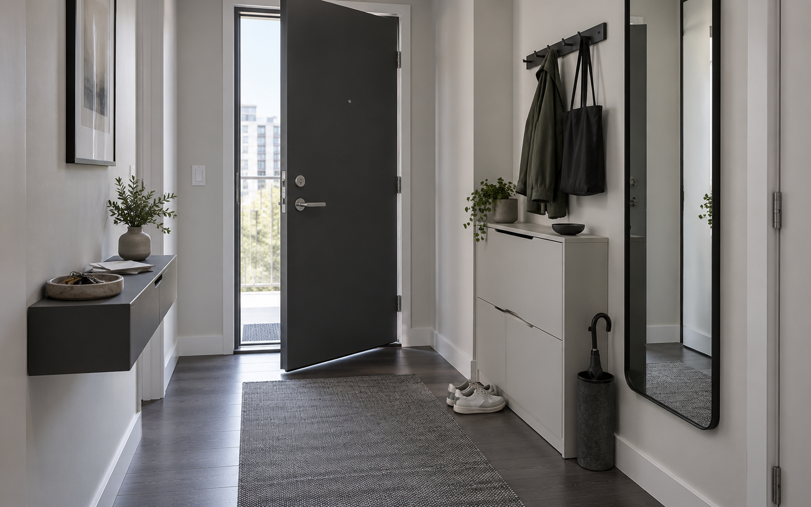 Compact modern entryway with a clear center path, shallow shoe storage, wall hooks, a narrow landing surface and full-length mirror