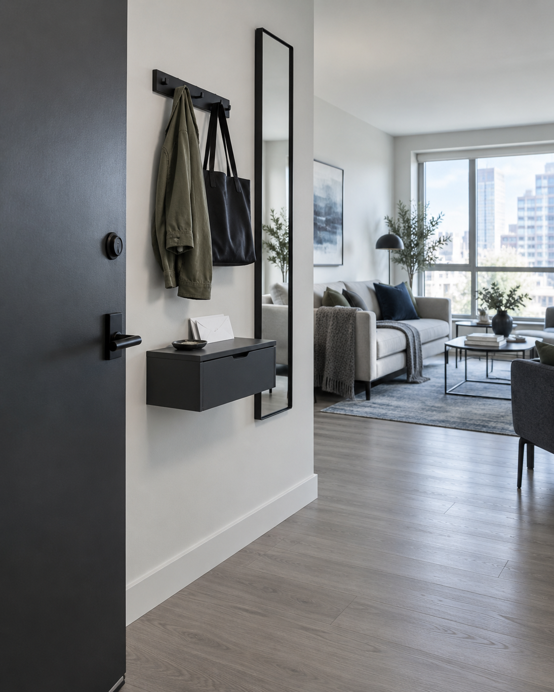 Wall-only small entryway solution with a floating landing shelf, hooks, key storage and an open floor beside the front door