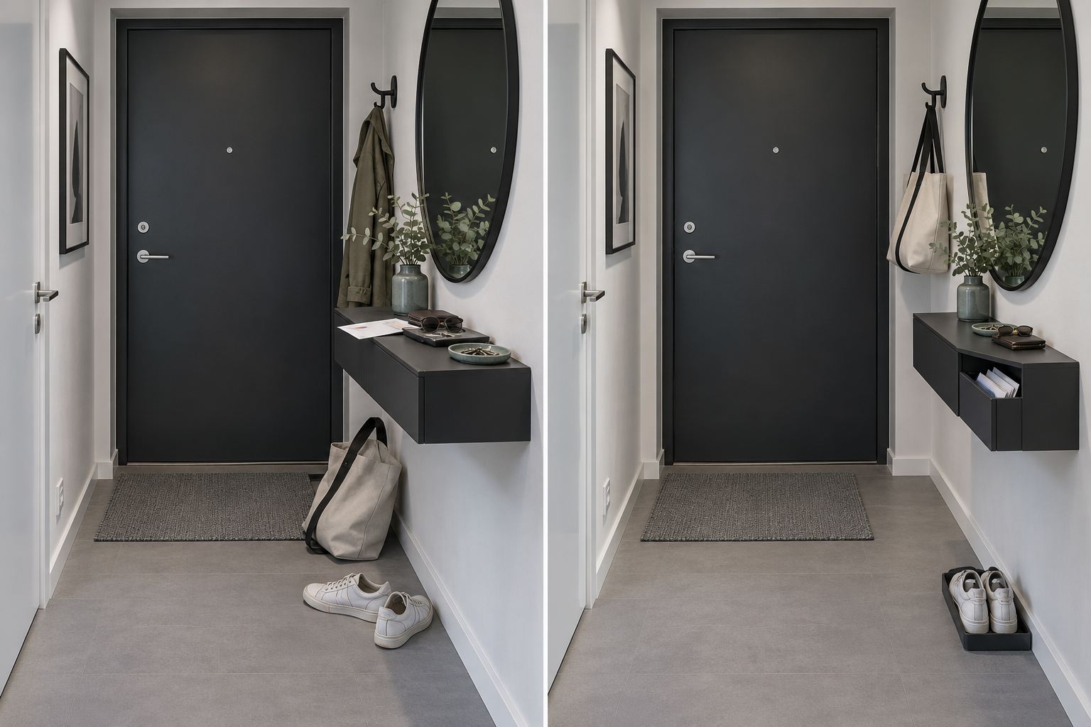 Before state of a small entryway with everyday keys, mail, bag and shoes spread across several landing points