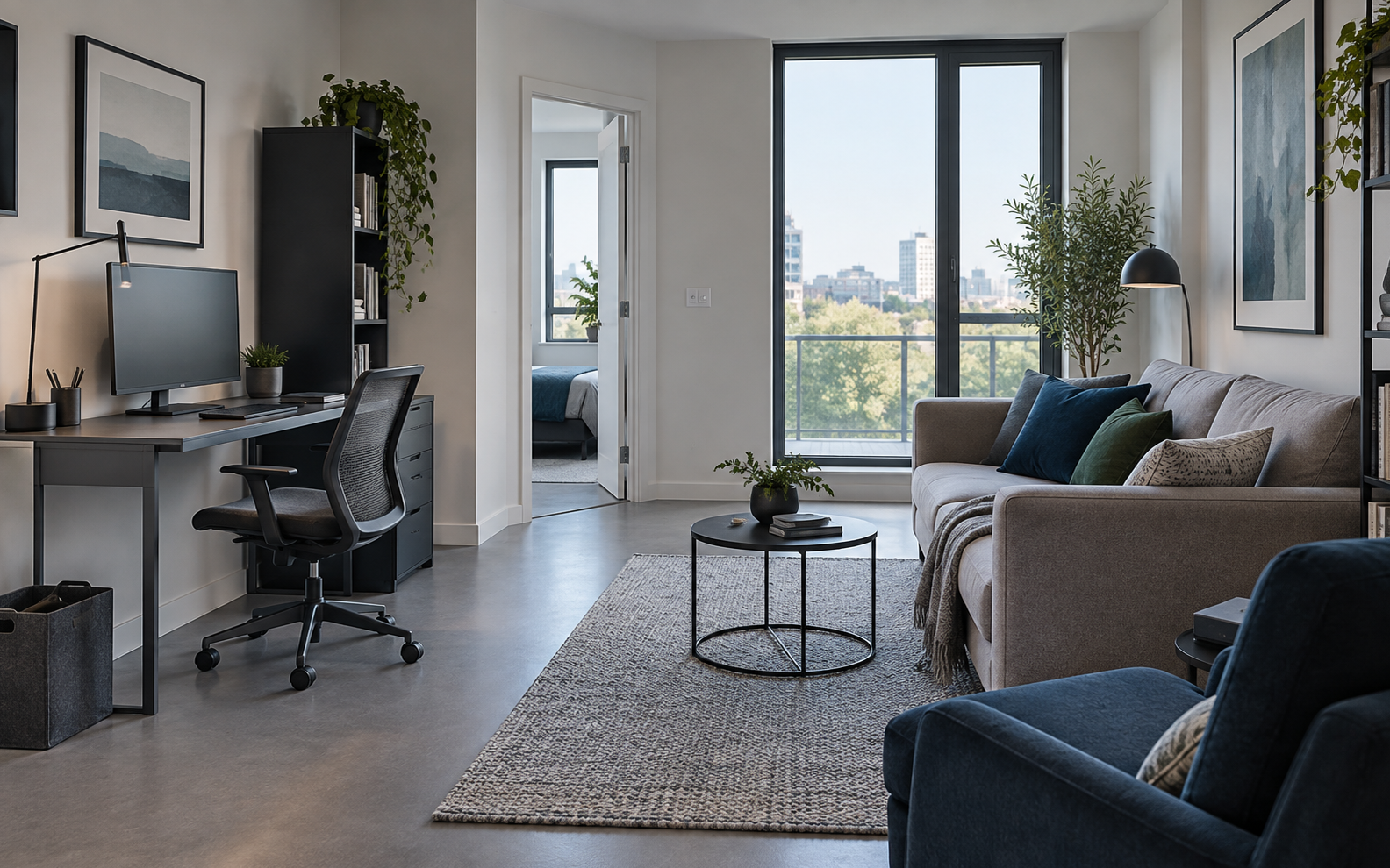 Compact home office integrated into a contemporary living room while preserving seating and a clear walking route.