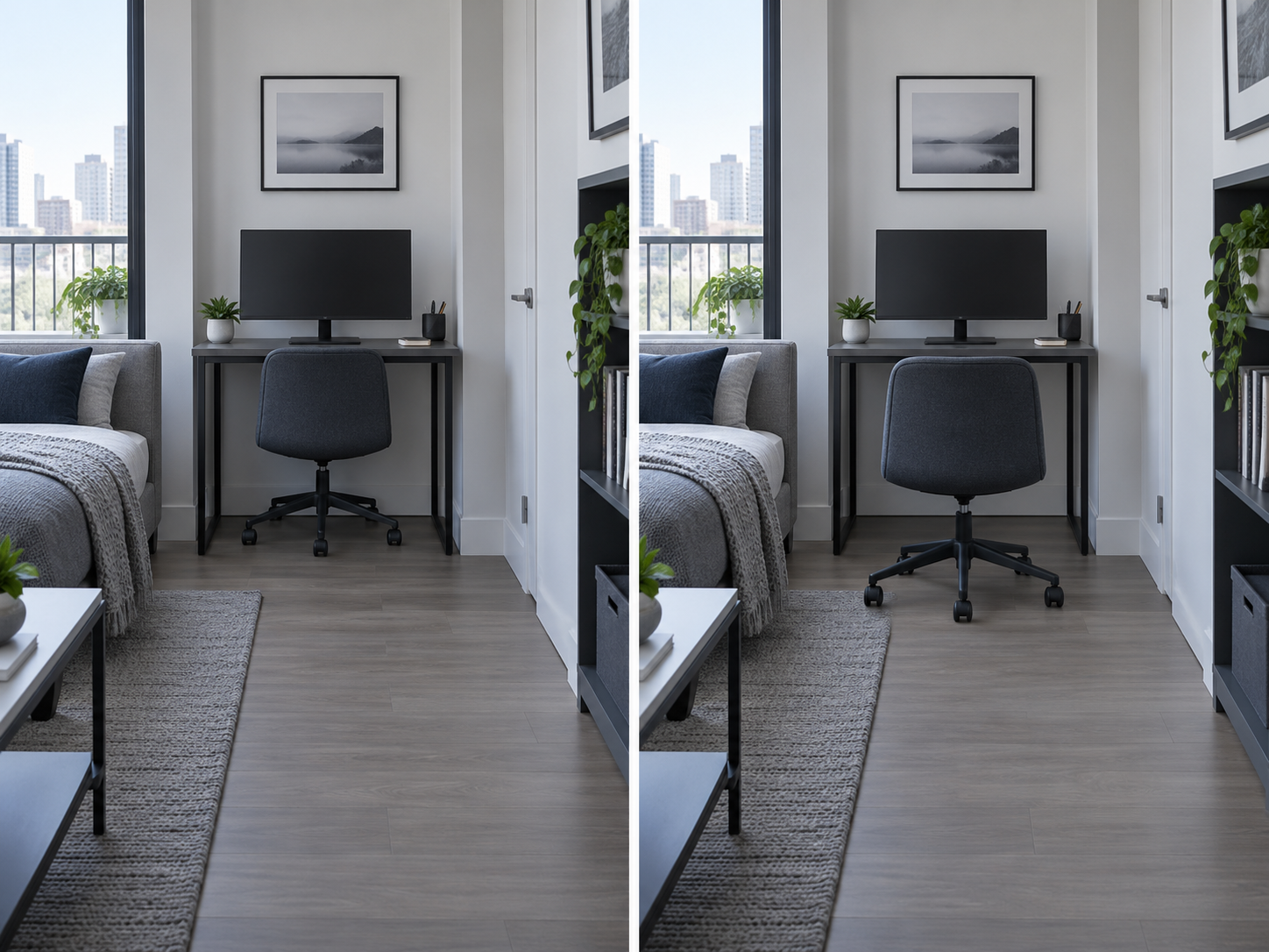 Same compact desk with chair tucked away and pulled back to demonstrate the extra floor depth needed while working.