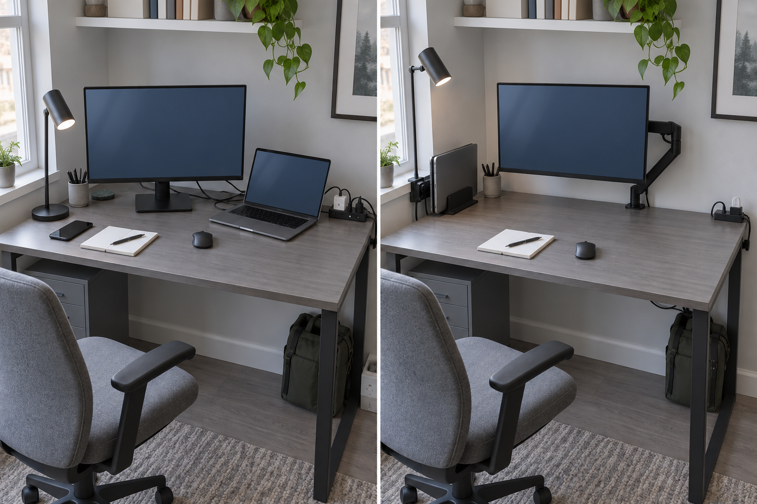 Compact desk before and after monitor, laptop, lighting, power and cables are repositioned to reclaim usable work surface.