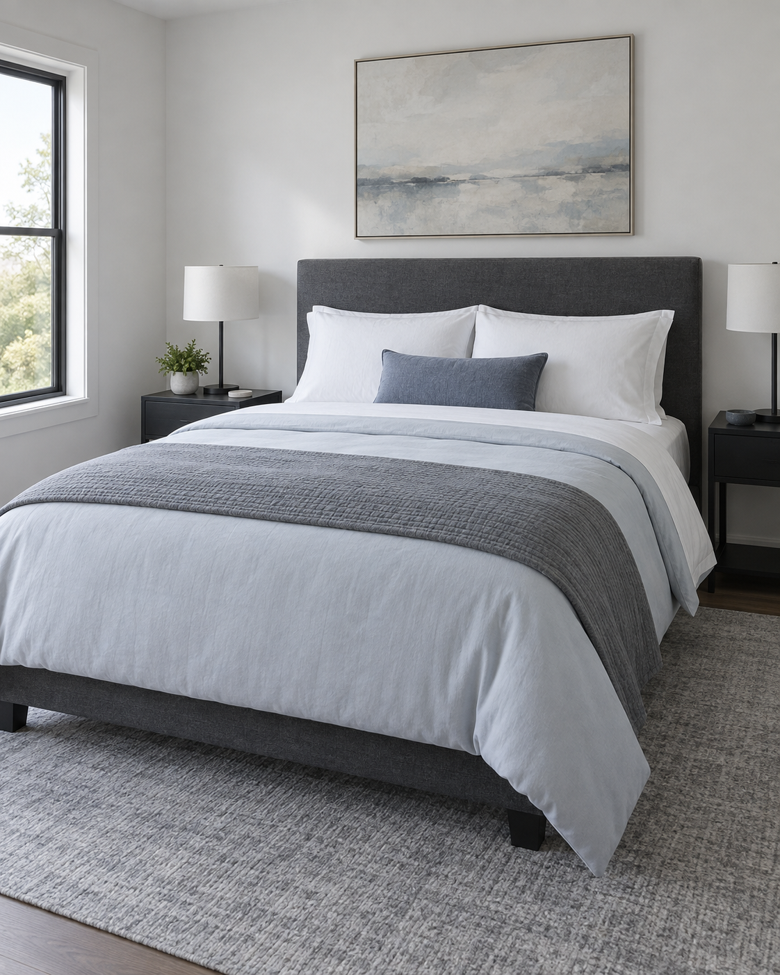 Crisp quiet bedding composition with cool-white sheets, pale blue-gray duvet and minimal slate coverlet.