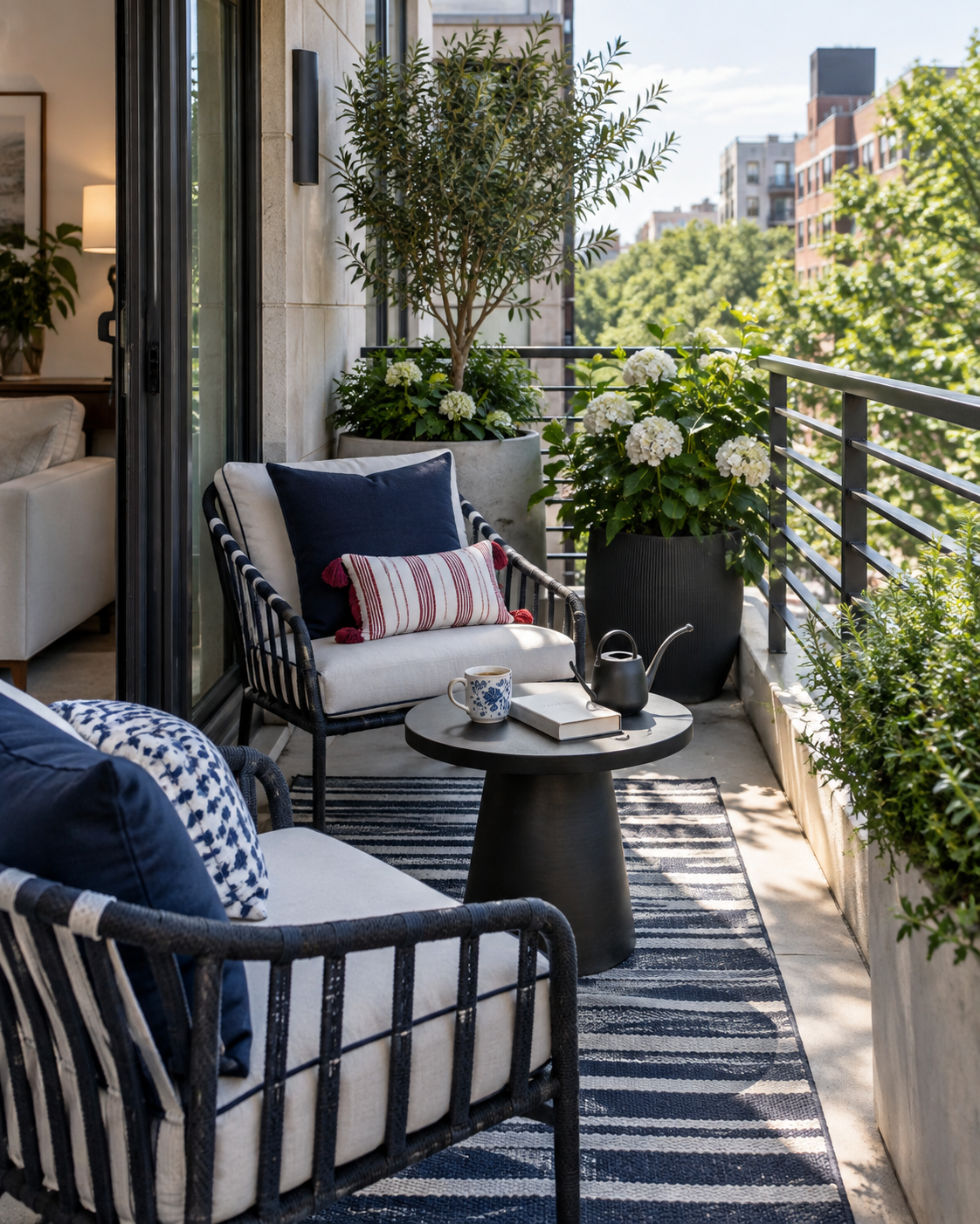 Small apartment balcony with blue outdoor decor