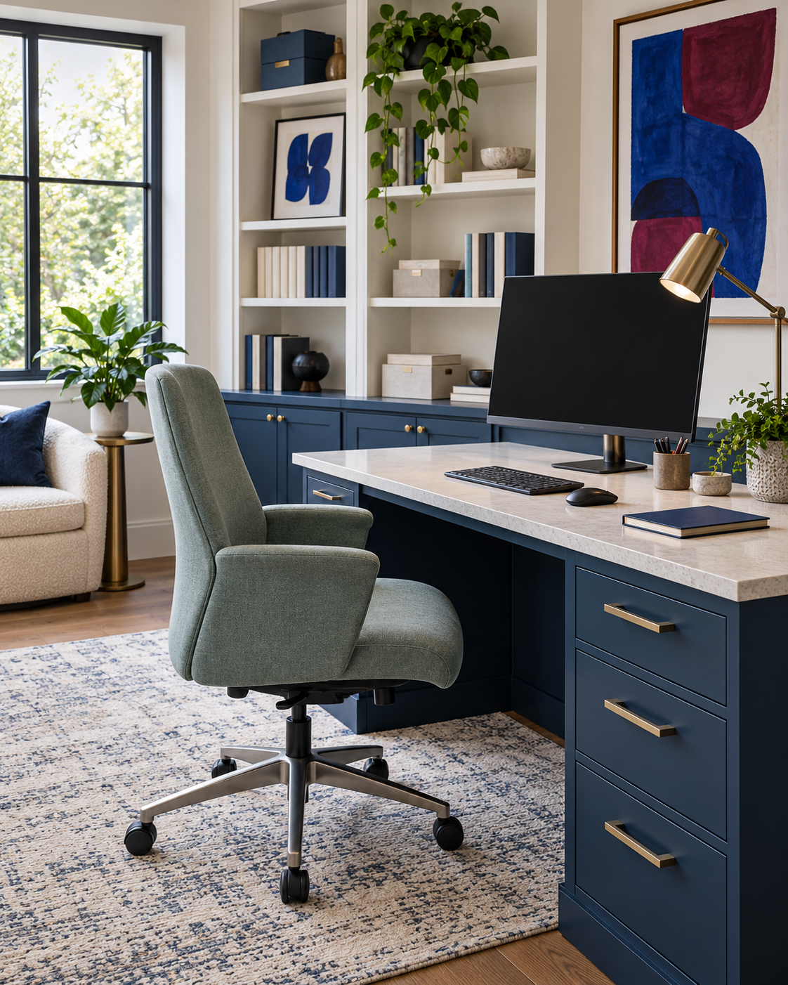 Stylish blue home office with green task chair
