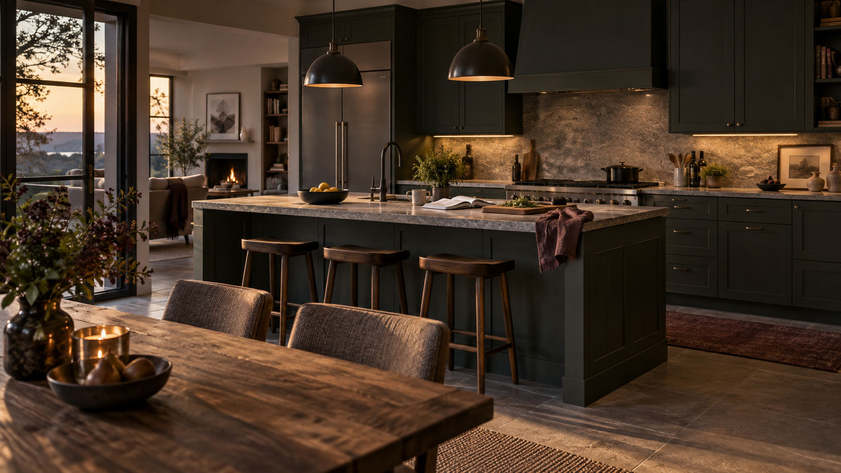Warm contemporary dark-green kitchen after the evening reset, with a stone island, soft lighting and subtle signs of everyday use.